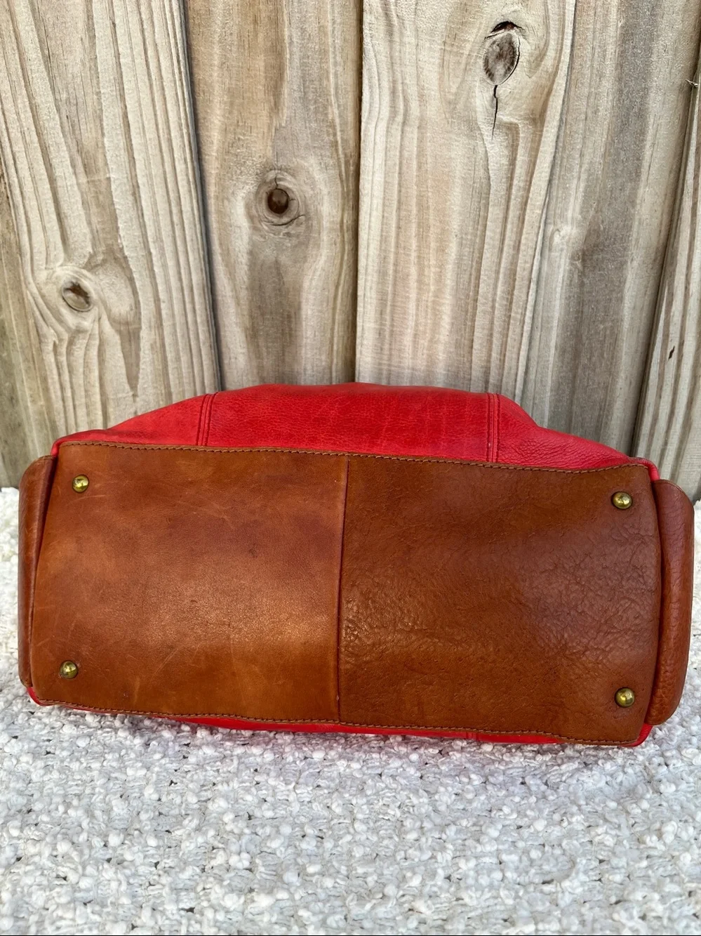 Red Leather Satchel Bag with Brown Handles